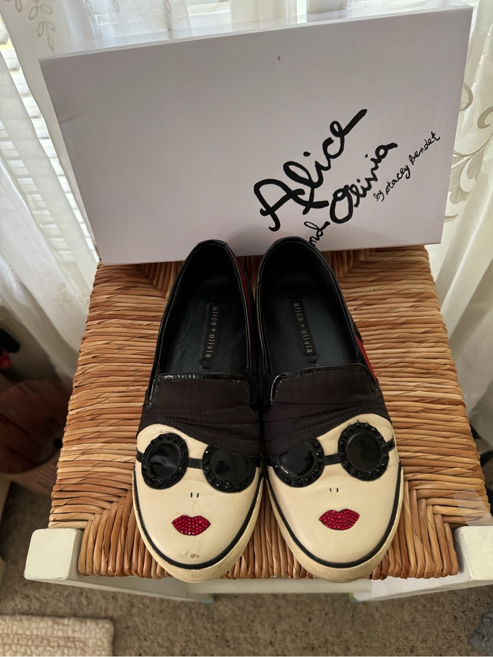 Alice + Olivia Black, Cream & Red Embellished Face Loafers